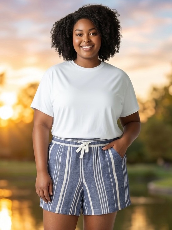 Nautica Pants - Nautica Linen Blend Blue White Striped Drawstring Shorts XL Pockets